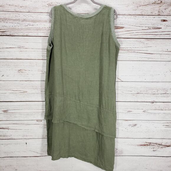 Bella Amore Italy Women's Green 100%Linen Lagen Look Asymmetrical Dress 3X - Picture 1 of 13